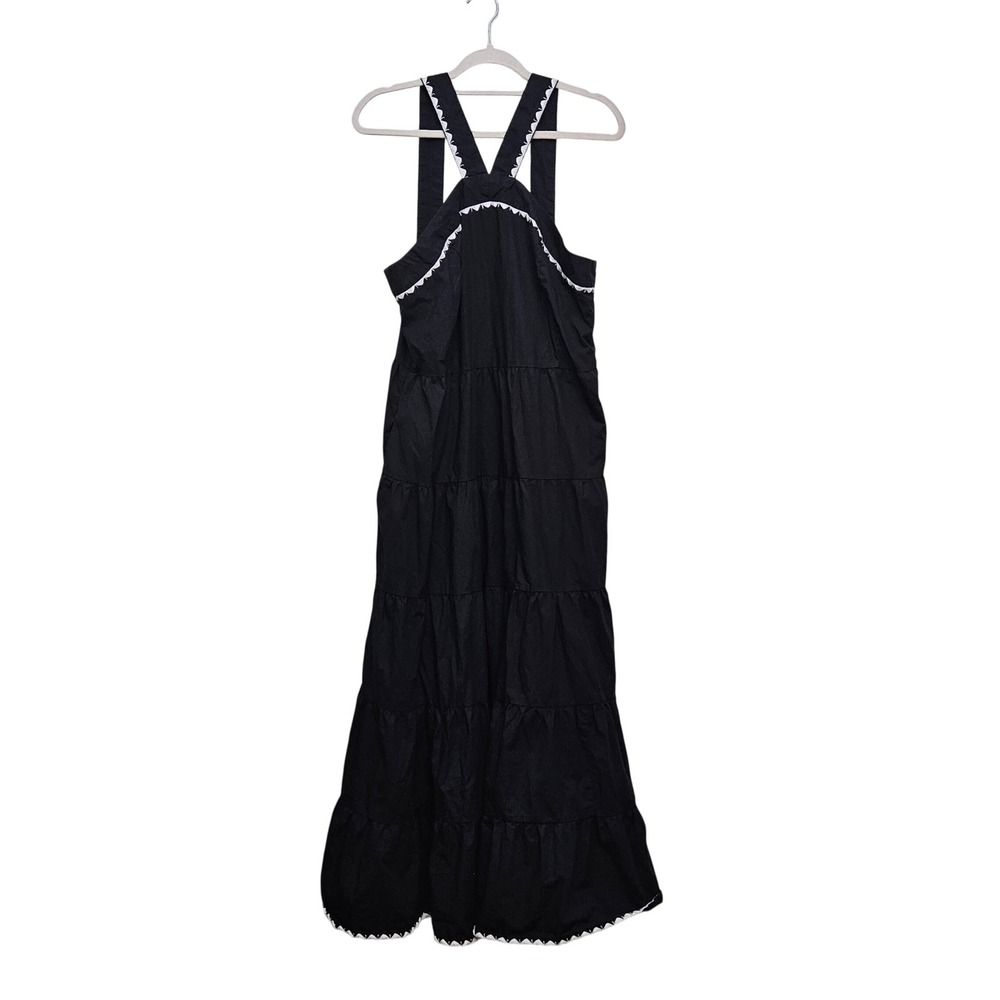 LOFT Maxi Dress 14 Black Ric Rac Trim Tiered Cotton Boho Coastal Whimsigoth